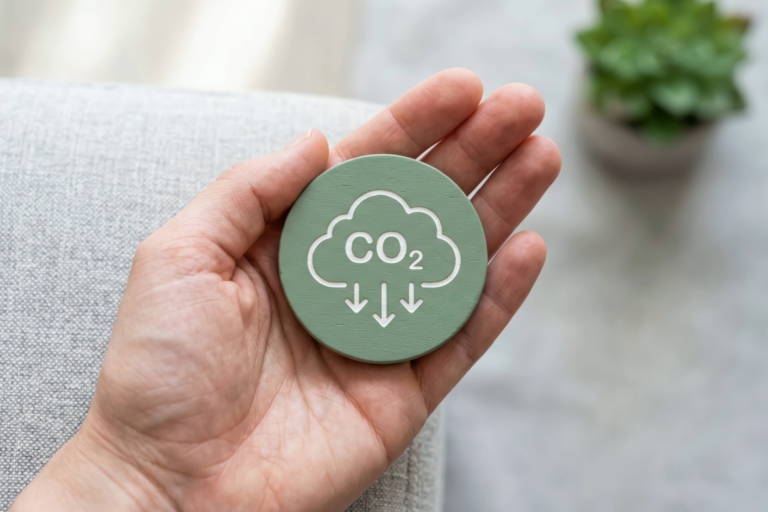 Eine Hand hält eine kreisförmige Scheibe mit einem Wolkensymbol und dem Text "CO2" in der Mitte, darunter sind zwei Pfeile nach unten abgebildet.