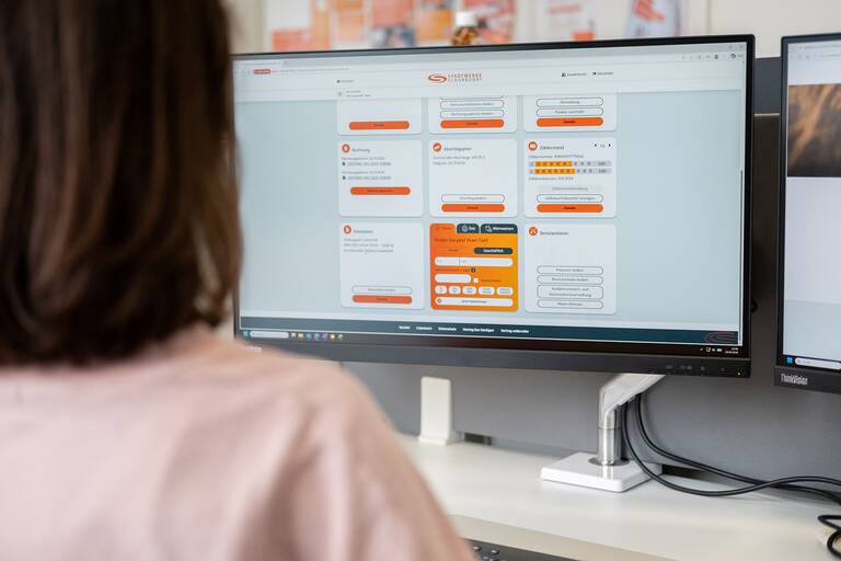 Eine Person sitzt vor einem Computerbildschirm, der eine Webseite mit mehreren farblich hervorgehobenen Informationsblöcken anzeigt.